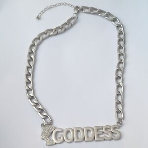 Silver Curb Chain Heavy Duty Necklace with‎ Rhinestones 'GODDESS' Pendant